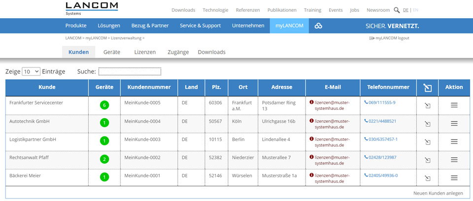 Screenshot von myLANCOM Firewall-Lizenzportal Kundenansicht